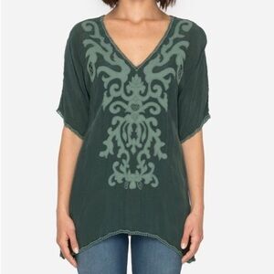 JOHNNY WAS Kalea V Neck Embroidered Harley Short Sleeve Tunic Top Green Sage XS